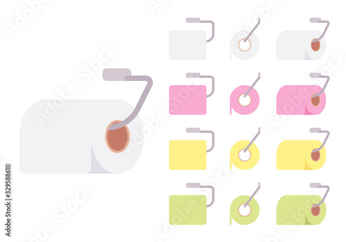Toilet paper roll holder set. Steel tissue paper dispenser for bathroom, comfort care soft towel for wc hygiene, lavatory accessory. Vector flat style cartoon illustration, different colors and view