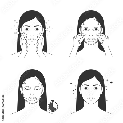 Instructions for the use of tissue masks for the face. Vector illustration isolated on white background