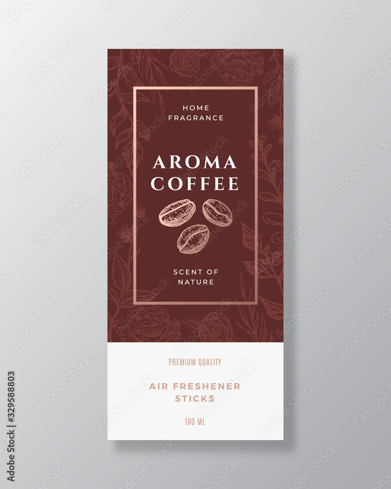 Coffee Beans Home Fragrance Abstract Vector Label Template. Hand Drawn Sketch Flowers, Leaves Background and Retro Typography. Premium Room Perfume Packaging Design Layout. Realistic Mockup.