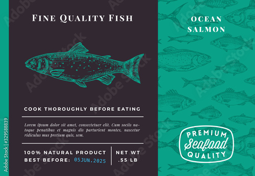 Premium Quality Salmon Abstract Vector Packaging Design or Label. Modern Typography and Hand Drawn Sketch Fish Pattern Background Seafood Layout