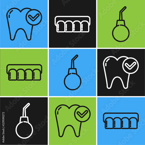 Set line Tooth whitening concept, Enema pear and Dentures model icon. Vector