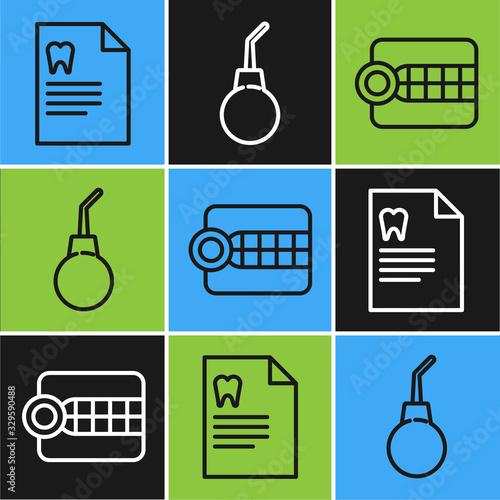 Set line Clipboard with dental card, Dentures model and Enema pear icon. Vector