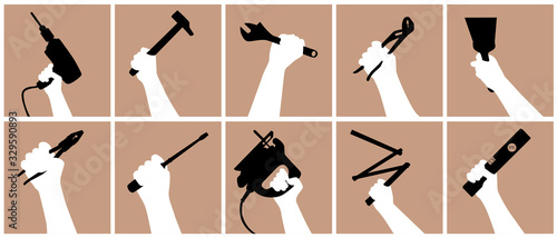 Concept de construction et de travaux d’aménagement avec une serie de pictgrammes montrant plusieurs mains d’artisans qui tiennent des outils de bricolage.
