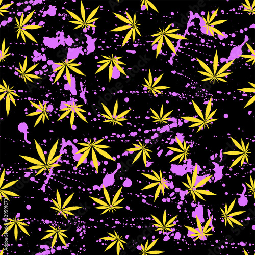 bright yellow neon cannabis leaves on a black abstract background from drops of paint, hemp pattern