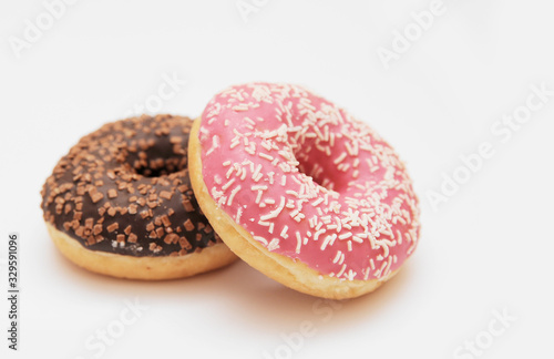 Delicious donuts on white color background.