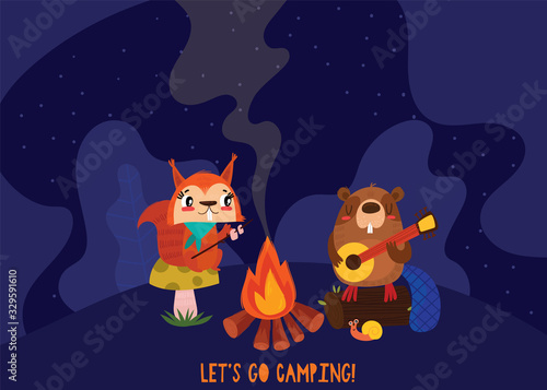 Cute squirrel and beaver near a bonfire at night. Let's camping poster concept. Vector illustration in cartoon style.