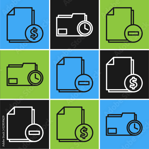 Set line Finance document, Document with minus and Document folder with clock icon. Vector