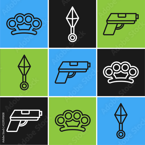 Set line Brass knuckles, Pistol or gun and Japanese ninja shuriken icon. Vector