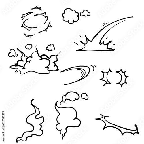 hand drawn Comic smoke. Smoke puffs vfx  energy explosion effect and cartoon blast vector illustration set doodle