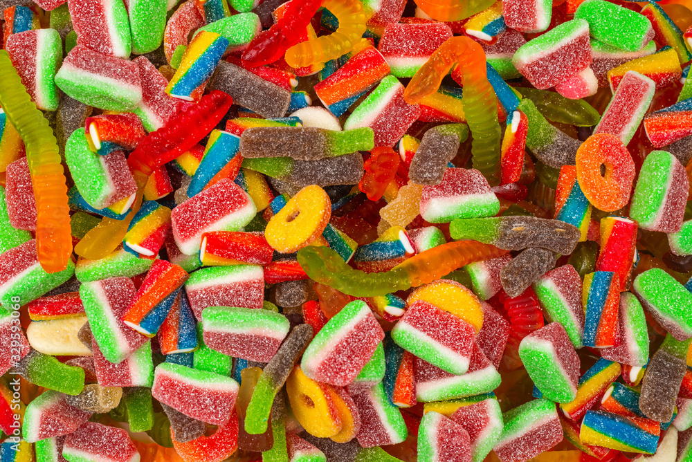 Assorted gummy candies. Top view. Jelly  sweets background.