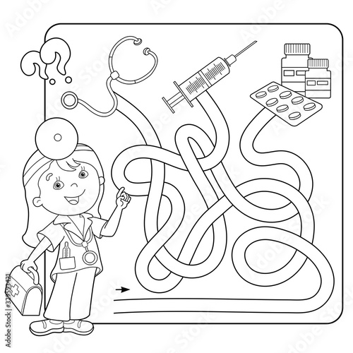 Maze or Labyrinth Game for Preschool Children. Puzzle. Tangled Road. Matching Game. Coloring Page Outline Of Cartoon Doctor with medical tools. Coloring book for kids.