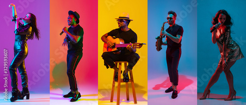 Collage of portraits of young emotional talented musicians on multicolored background in neon light. Concept of human emotions, facial expression, sales. Playing saxophone, guitar, singing, dancing. photo