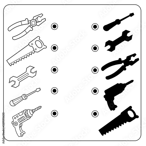 Puzzle Game for kids. Find correct shadow. Cartoon set of household tools.  Coloring book for children.