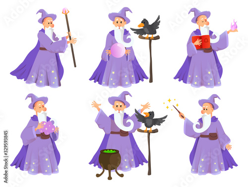 Magician in robe spelling vector cartoon characters