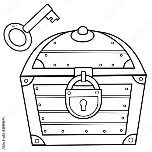 Coloring Page Outline of cartoon treasure chest with key. Closed coffer with lock. Decorative element for pirate party for kids. Coloring book for kids.