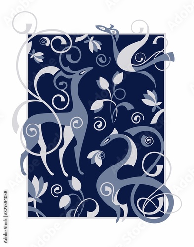 Fantastic animals and flowers in blue and gray colors