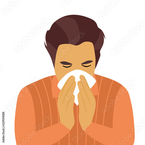 Sneezing man concept vector illustration on white background. A man in orange shirt sneezing in handkerchief. Sick man sneeze. Season allergy.
