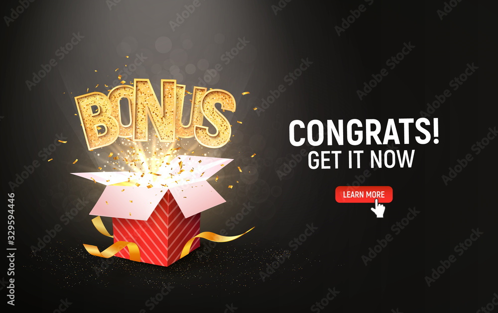 Bonus word flying from red gift box on dark background. Winning prize