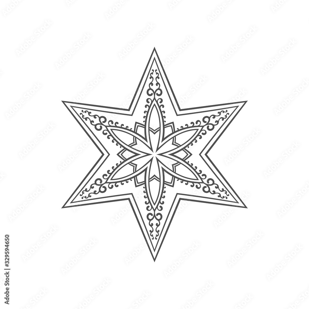 Six pointed star zentangle, Isolated design element Mandala for coloring book, Christmas decoration, tattoo Six pointed star zentangle, Isolated design element Mandala for coloring book, Christmas decoration, tattoo