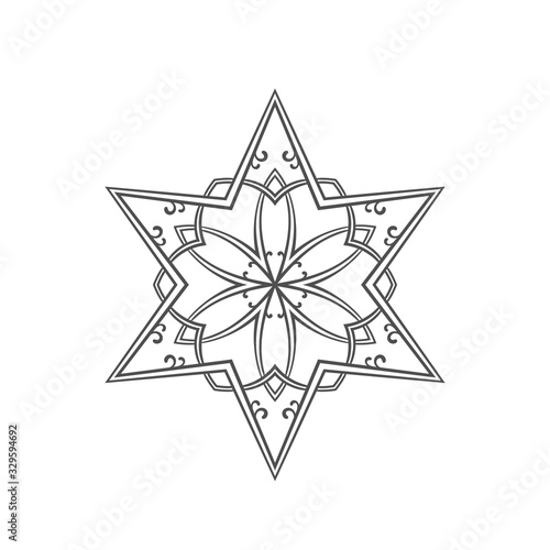 Six pointed star zentangle, Isolated design element Mandala for coloring book, Christmas decoration, tattoo