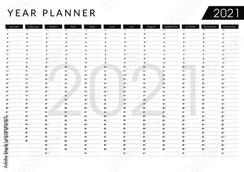 Th2021 year planner. Wall calendar design template. Horizontal annual worldwide printable wall planner, diary, activity template - with dates, days of the month, and space for personal notes. - Vector