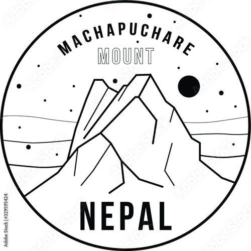 Machapuchare, Annapurna Himalayas, Nepal. Home of God Shiva. Vector clack and white outline illustration of mountains. Travel and tourism. Print design