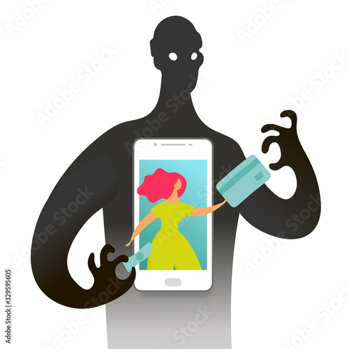 Conceptual illustration about online fraud, cybercrime, data hacking. The girl on the screen the phone and the dark silhouette of a fraudster stealing money and a bank card. Flat vector illustration.