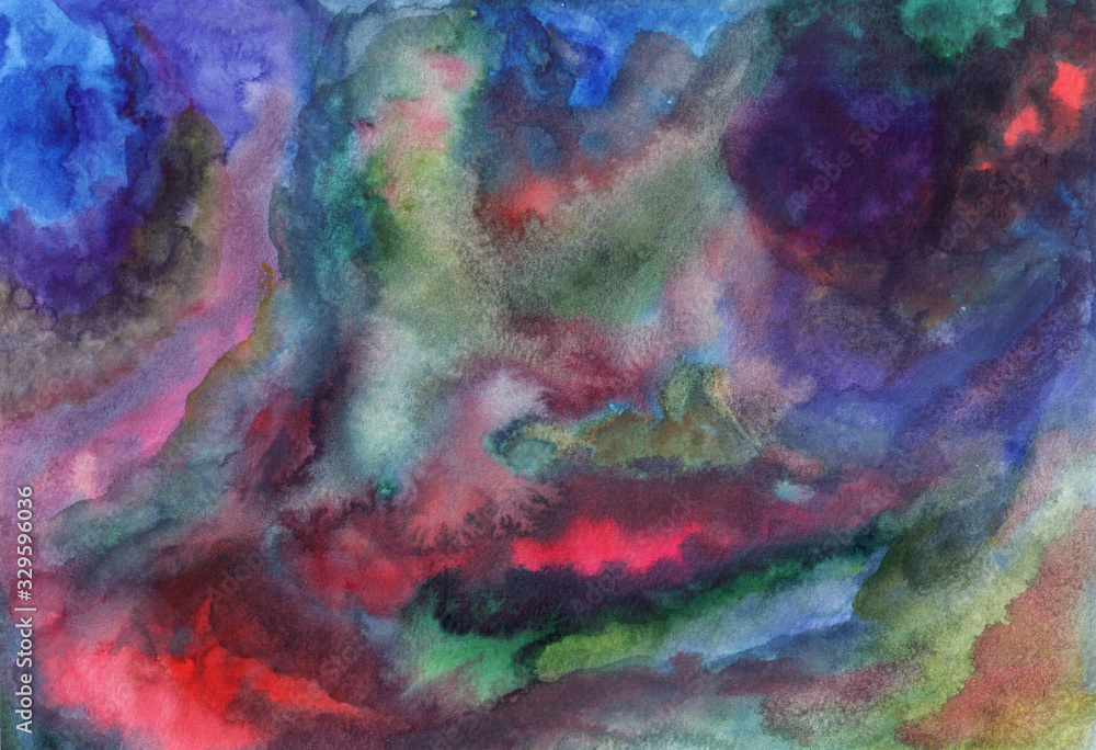 Multicolored watercolor texture. Sunset sky. Blue, purple, green, pink, orange colors. Hand drawn aquarelle pattern for design. Artistic grunge backdrop. Raster illustration