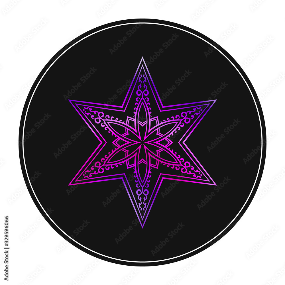Six pointed star zentangle, Vivid purple color mandala design element on black Six pointed star zentangle, Vivid purple color mandala design element on black