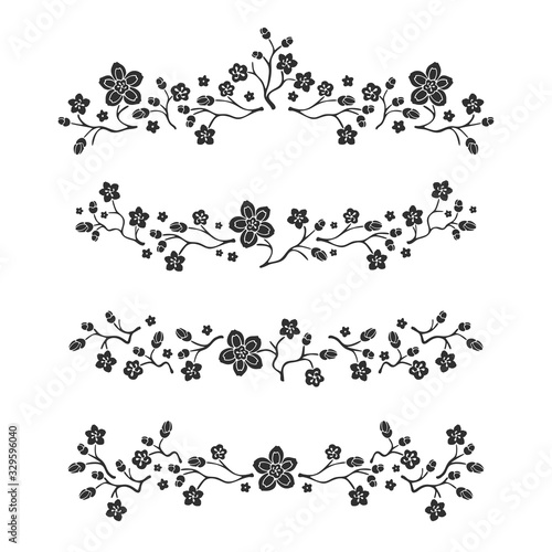 Hand drawn borders. Line sketch dividers with decorative flower elements. Floral text doodle decoration, scribble frame, vector set. 