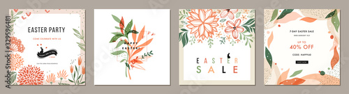 Trendy Easter floral square templates. Suitable for social media posts, mobile apps, cards, invitations, banners design and web/internet ads. 