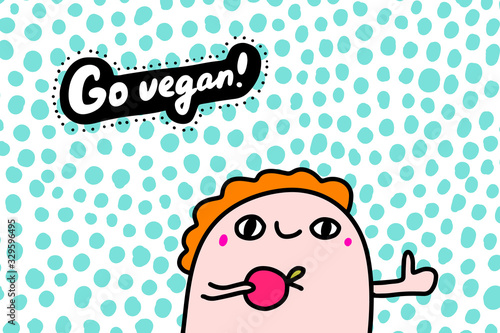 Go vegan hand drawn vector illustration in cartoon comic style man holding apple