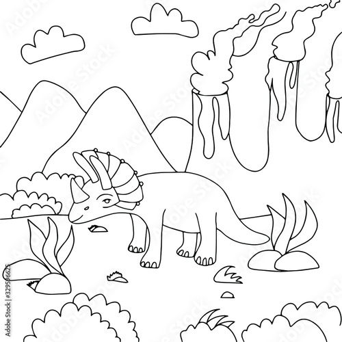 Triceratops dinosaur coloring book for children and adults. Design for wallpaper. Childrens coloring. Wildlife. Meditative drawing.