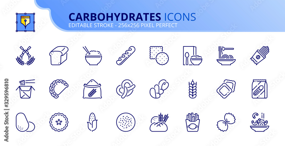 Simple set of outline icons about carbohydrates. - obrazy, fototapety, plakaty 