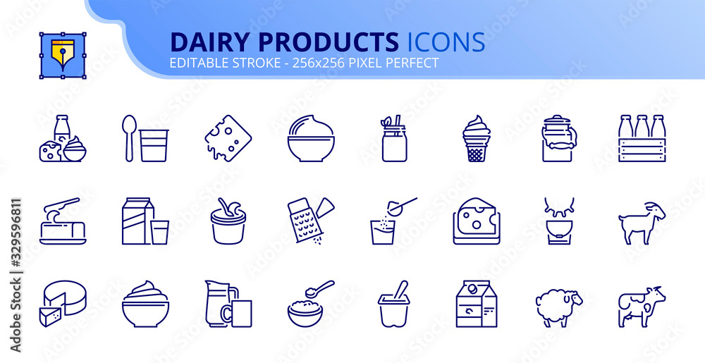 Simple set of outline icons about dairy products. - obrazy, fototapety, plakaty 