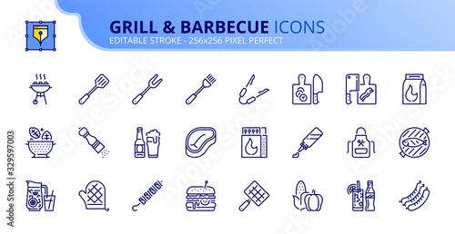 Simple set of outline icons about food and drink. Grill and barbecue