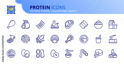 Simple set of outline icons about proteins. Meat, fish, seafood, legumes, nuts, eggs and dairy products.