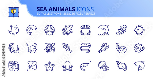 Simple set of outline icons about sea animals. Sea world.