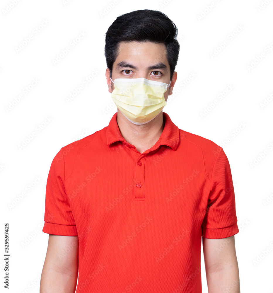 COVID-19 Coronavirus portrait handsome young asian .man wearing red shirt and mask protection from covid 19 isolated on white background in studio. Asian man people. COVID-19 concept. COVID-19 Coronavirus portrait handsome young asian .man wearing red shirt and mask protection from covid 19 isolated on white background in studio. Asian man people. COVID-19 concept.