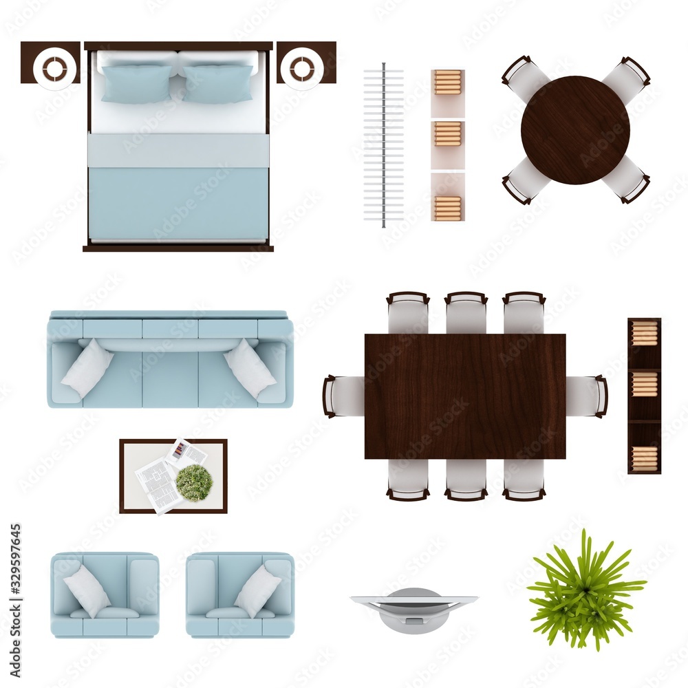 Furniture set. Blue living room set, bed, round dining table, square dining  table, bookshelves, tv, clothing rack top view. Furniture icons isolated on  white background 3D illustration. Stock Illustration | Adobe Stock