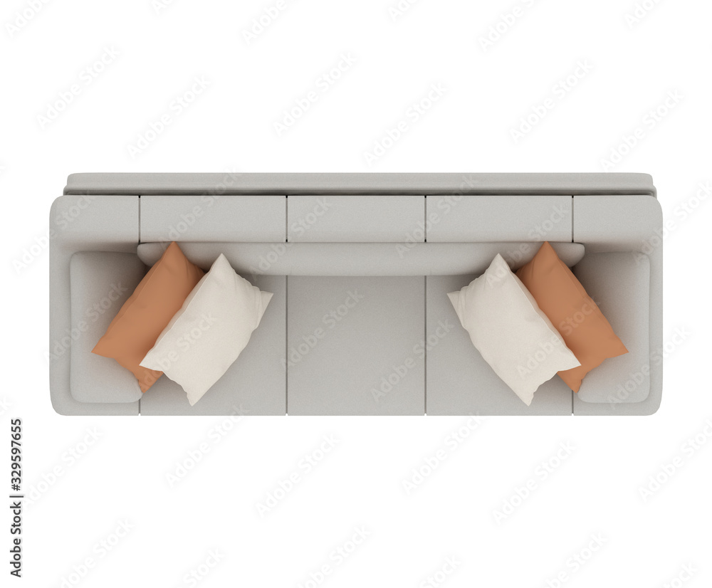 Sofa top view floor plan design element isolated on white. Tan sofa with pillows furniture 3D