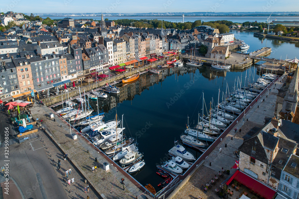 France, Normandy, Aerial view of Honfleur and its picturesque harbour, old basin and the quai Sainte Catherine