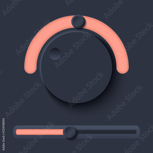 Neumorph UI kit with Volume Knob and slider. Dark color set. Workflow graphic elements in Skeuomorph Trend Design. Circular Elements for smart technology applications. Vector illustration.