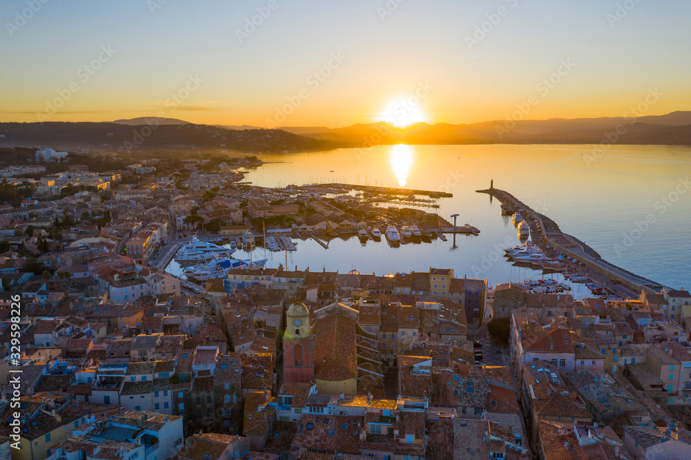 France, Aerial view of St Tropez Harbor at sunset