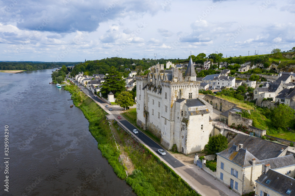 Aerial view of Castle of Montsoreau at the confluence of the Loire and Vienne rivers. Montsoreau (Labeled The Most Beautiful Villages of France), Maine-et-Loire,