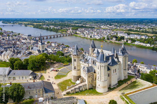 Aerial view of Castle and loire Valley, France.Saumur Castle was built in the tenth century and rebuilt in the late twelfth century photo