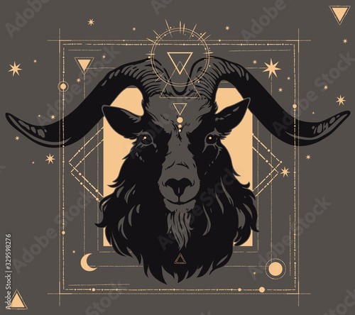 sparkling golden goat head with alchemical symbols