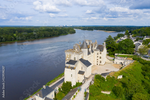 Aerial view of Castle of Montsoreau at the confluence of the Loire and Vienne rivers. Montsoreau (Labeled The Most Beautiful Villages of France), Maine-et-Loire,