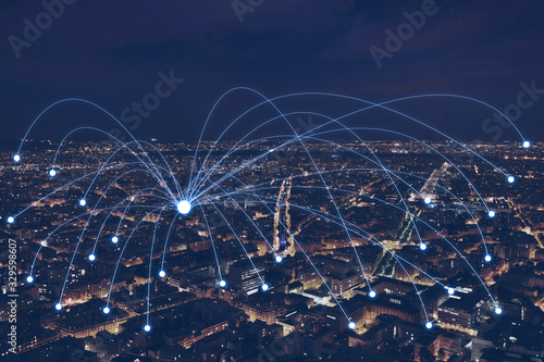 network communication or distribution concept, connection line from central point over night city