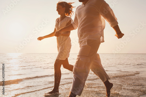 Εκτύπωση καμβά romantic getaway travel, happy couple on the beach having fun, honeymoon tourist